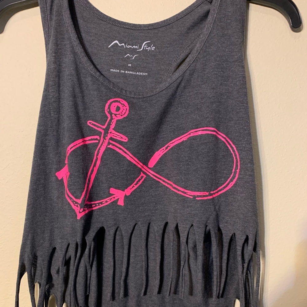 Miami Style gray cropped fringe sleeveless tank with pink anchor/infinity sign